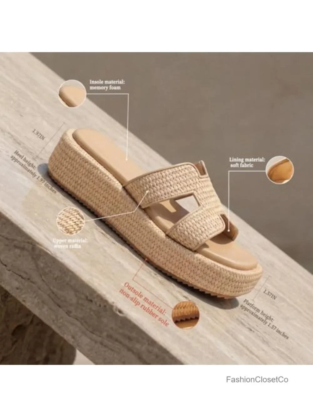 Woven Raffia Platform Slide Sandals Espadrille Wedges Slip-On Memory Foam